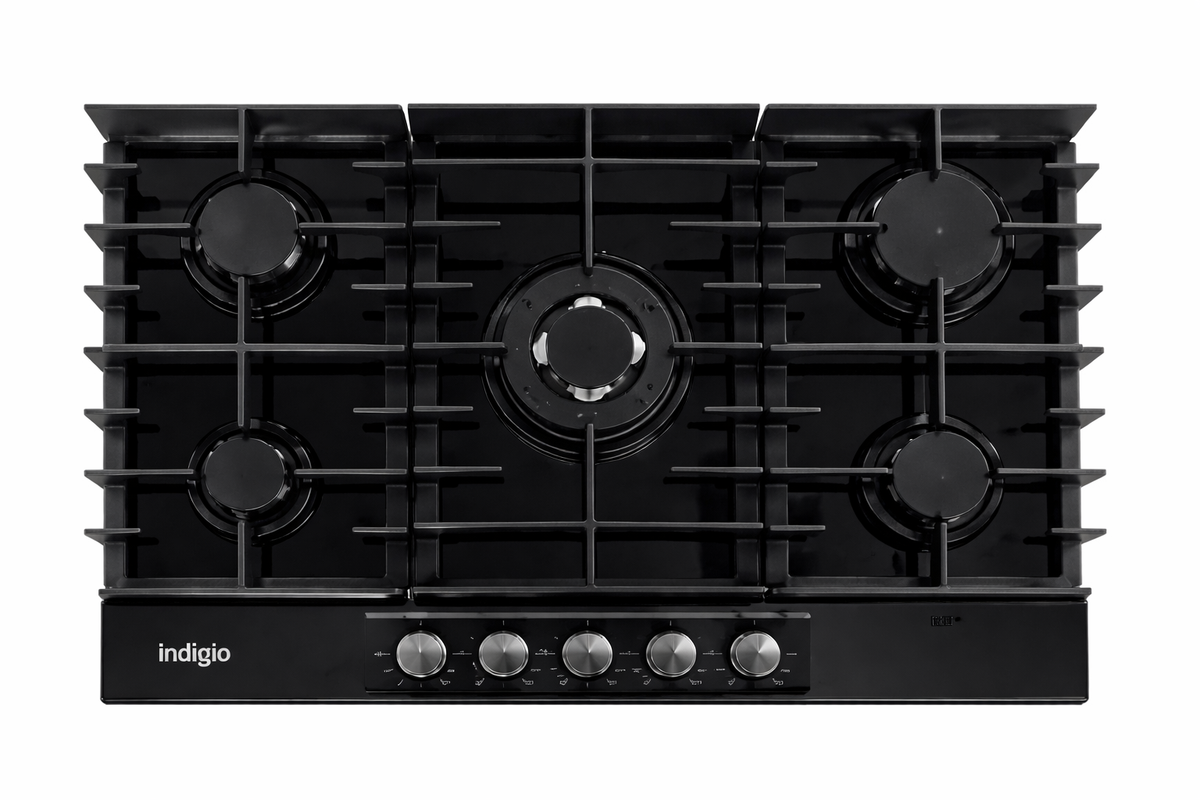 Indigo Gas Hob 76x50cm IH75B | 5 Burners | Cast Iron Grates | Black Finish