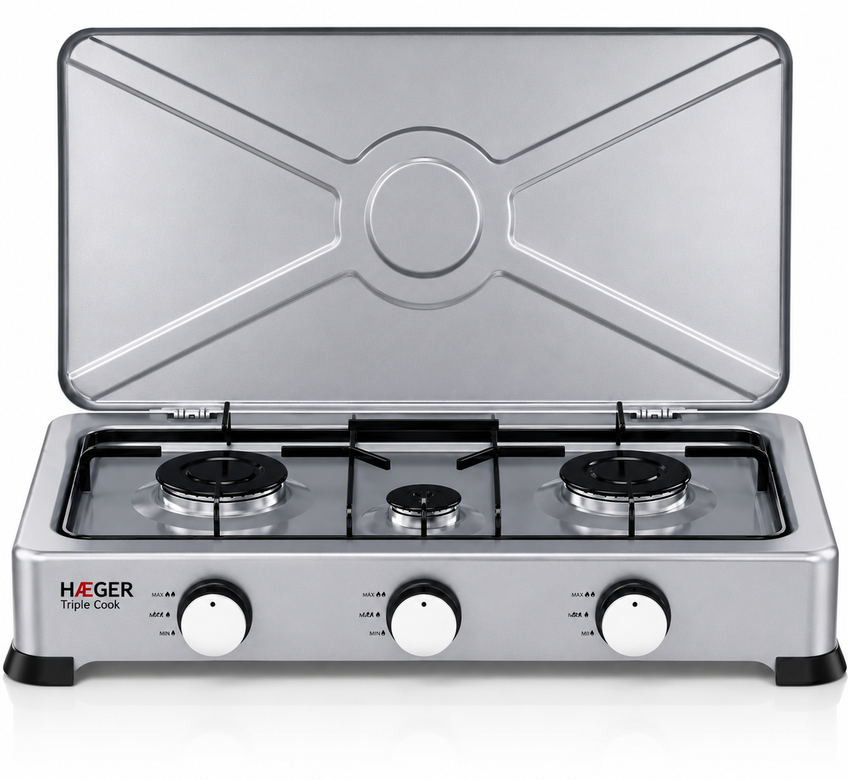 HAEGER Triple Cook 3-burner portable gas table cooker – gray enameled with lid open
