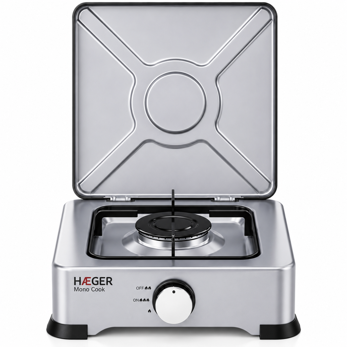HAEGER Mono Cook single-burner portable gas stove – gray enameled with lid open
