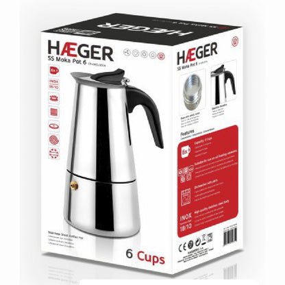 Moka Coffee Maker HAEGER SS MOKA POT 6 – Stainles Steel, 6 cups