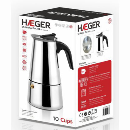 Moka Coffee Maker HAEGER SS MOKA POT 10 – Stainles Steel, 10 cups